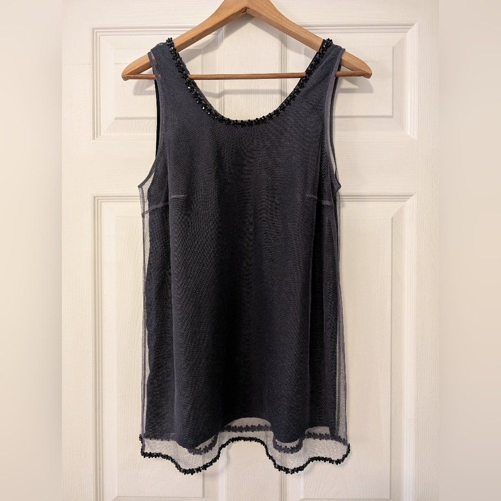 Vera Wang Lavender Label silk beaded sleeveless blouse scoop neck mesh Overlay